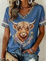 Women's Highland Denim Plaid Print T-shirt