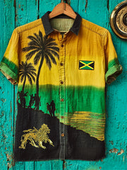 Men's Reggae Lion Jamaica Flag & Coast Colorblock Print Short Sleeve Shirt