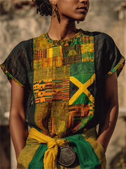 Women's Jamaica Flag African Kente Pattern Print linen short-sleeved T-shirt