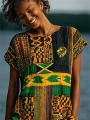 Women's Reggae Lion Jamaica Flag Kente Colorblock Print linen short-sleeved T-shirt