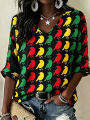Women's Rasta Color Reggae Birds Print Linen Short-sleeved T-shirt