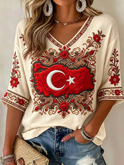 Women's Turkish Flag Print V-Neck T-Shirts