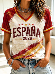 Women's Spanish Football Printed V-neck T-shirt