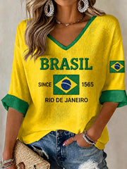 Women's Brazil Football Fan Gift Short Sleeve Waffle T-shirt