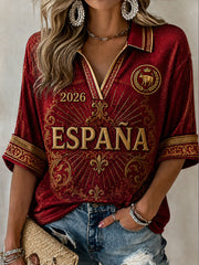 Women's ESPAÑA Football Mid-length Sleeves V-Neck T-Shirt