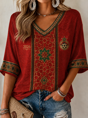 Women's MOROCCO Printed Mid-length Sleeves V-Neck T-Shirt