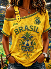 Women's Brazil Football Fan Gift Off-the-Shoulder Short-Sleeve T-Shirt