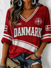 Women's Denmark Football Mid-length Sleeves V-Neck T-Shirt