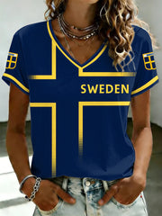 Women's Swedish Football Printed V-neck T-shirt