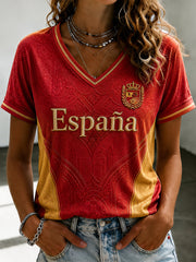 Women's Spanish Football Printed V-neck T-shirt