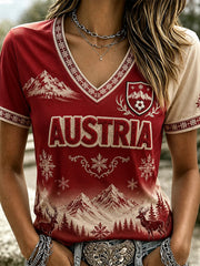 Women's Austria Football Motif Print Casual V-Neck Tee