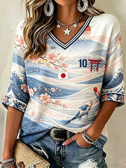 Women's Japanese Art Print Japan Football Fan Mid-length Sleeves V-Neck T-Shirt