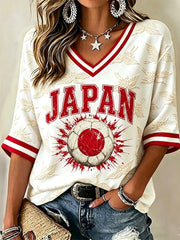 Women's Japanese Cranes Print Japan Football Fan Mid-length Sleeves V-Neck T-Shirt