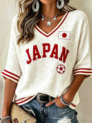 Women's Japanese Waves Print Japan Football Fan Mid-length Sleeves V-Neck T-Shirt