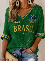 Women's Gift For Soccer Fans Print Casual Half-Sleeves V-Neck T-Shirt