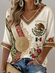 Women's Mexico Football Printed Mid-length Sleeves V-Neck T-Shirt