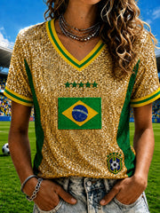 Women's Brazil Football Fan Gift Printed Casual Short Sleeve T-shirt