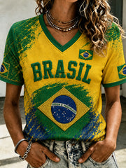 Women's Brazil Football Fan Gift Printed Casual Short Sleeve T-shirt