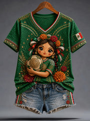 Women's Funny Lele Doll Mexico Football Lover Art Printed T-Shirt