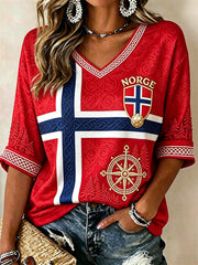 Women's Norway Football Viking Compass Forest Celtic Knot Flag Print Mid-length Sleeves V-Neck T-Shirt