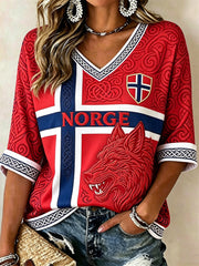 Women's Norway Football Viking Wolf Celtic Knot Flag Print Mid-length Sleeves V-Neck T-Shirt