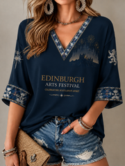 Women's Edinburgh City Proud Art Printed Mid-length Sleeves V-Neck T-Shirt
