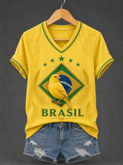 Women's Brasil Print Casual V-Neck Tee