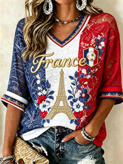 Women's France Football Tower Floral Flag Colorblock Print Mid-length Sleeves V-Neck T-Shirt