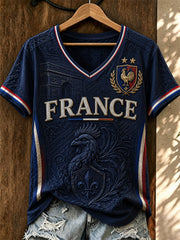 Women's France Football Printed V-neck T-shirt