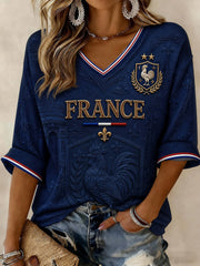 Women's France Football Printed Mid-length Sleeves V-neck T-shirt