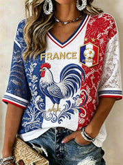 Women's France Football Rooster Floral Flag Colorblock Print Mid-length Sleeves V-Neck T-Shirt