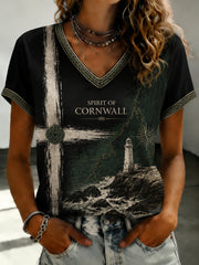 Women's Cornish Celtic-style Printed V-neck T-shirt
