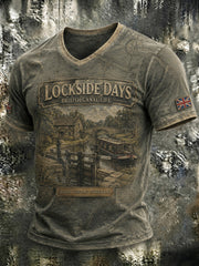 Men's Lockside Days British Canal Life Printed V-neck T-shirt