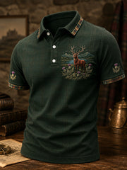 Men’s Scottish Highland Stag Plaid Trim Polo Shirt