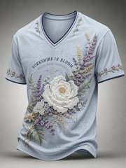 Men's Yorkshire Day White Roses Art Printed V-neck T-shirt