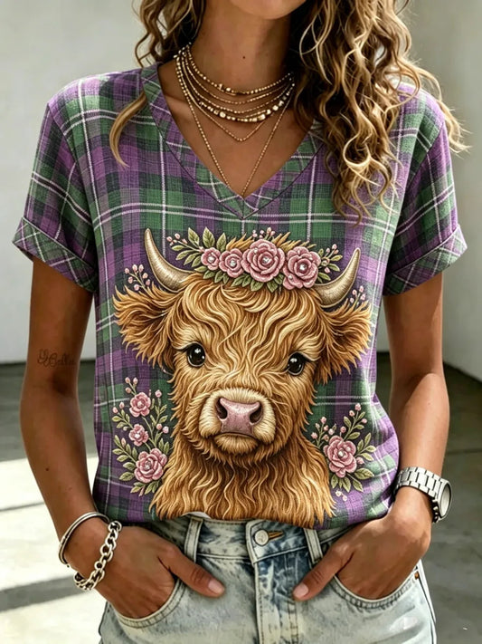 Women's Highland Denim Plaid Print T-shirt