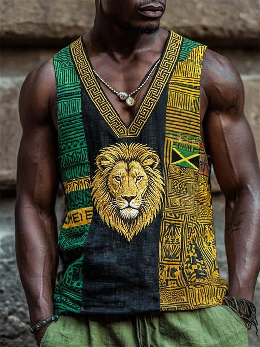 Men's Reggae Lion Face Jamaica Flag & Kente Colorblock V Neck Linen Tank