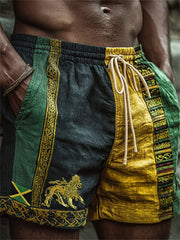 Men's Reggae Lion Jamaica Flag African Kente Colorblock Print Shorts