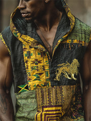 Men's Reggae Lion & Jamaica Flag Africa Kente Patchwork Print Hooded Tank