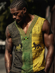Men's Reggae Lions Jamaica Flag Inspired Ethnic Colorblock Print Linen Tank