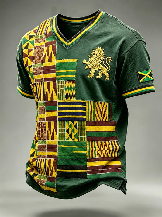 Men's Reggae Lion Jamaica Flag Africa Kente Patchwork Print V-neck T-shirt