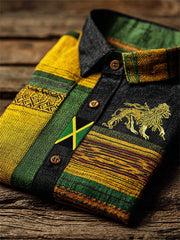 Men's Reggae Lion Jamaica Flag African Kente Colorblock Print Short Sleeve Shirt