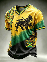 Men's Reggae Lion Jamaica Flag Inspired Kente Patchwork Print V-neck T-shirt