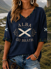 Women's Alba gu bràth Tartan Print Casual Half-Sleeve V-Neck T-Shirt