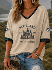 Women's Alba gu bràth Tartan Print Casual Half-Sleeve V-Neck T-Shirt