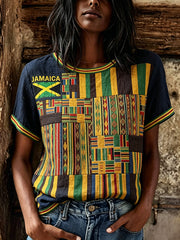 Women's Jamaica Flag Kente Patchwork Print Linen Short-sleeved T-shirt