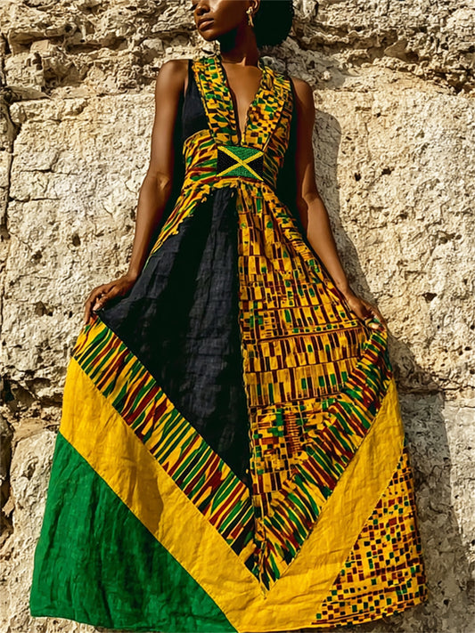 Women's Jamaica Flag Africa Kente Pattern Colorblock Maxi Dress