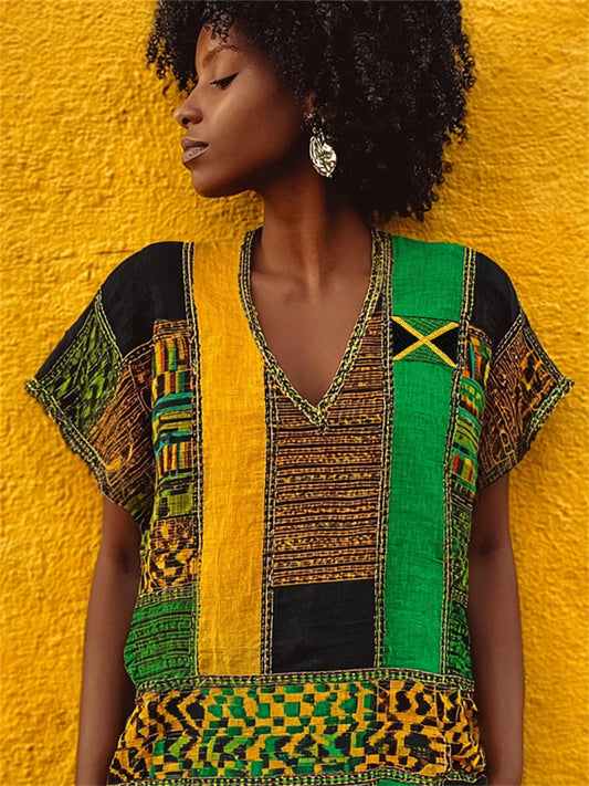 Women's Jamaica Flag Inspired African Kente Colorblock linen short-sleeved T-shirt