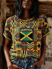 Women's Vintage Jamaica Flag Kente Patchwork Print Linen Short-sleeved T-shirt