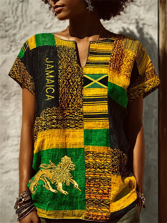 Women's Reggae Lion Jamaica Flag Kente Colorblock Cotton-Linen Shirt